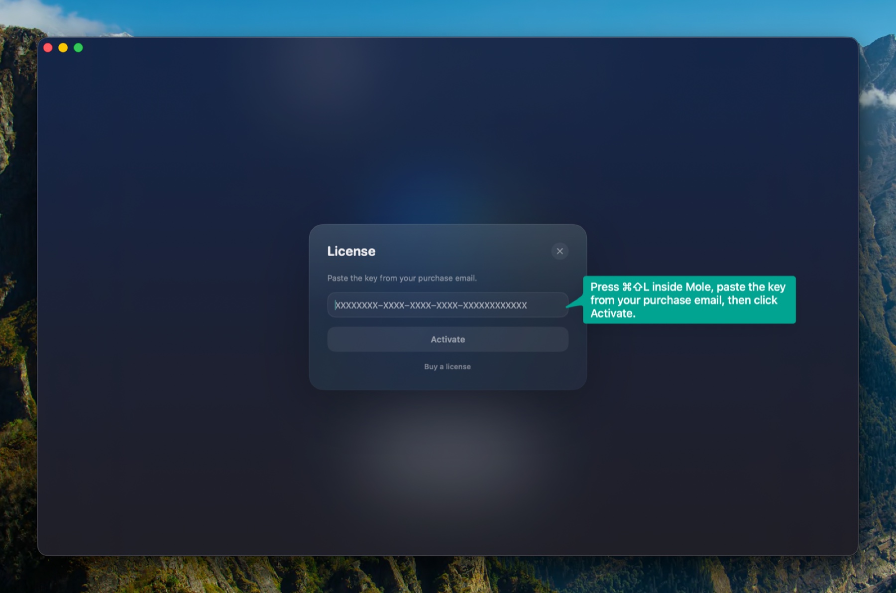 License activation panel inside Norix
